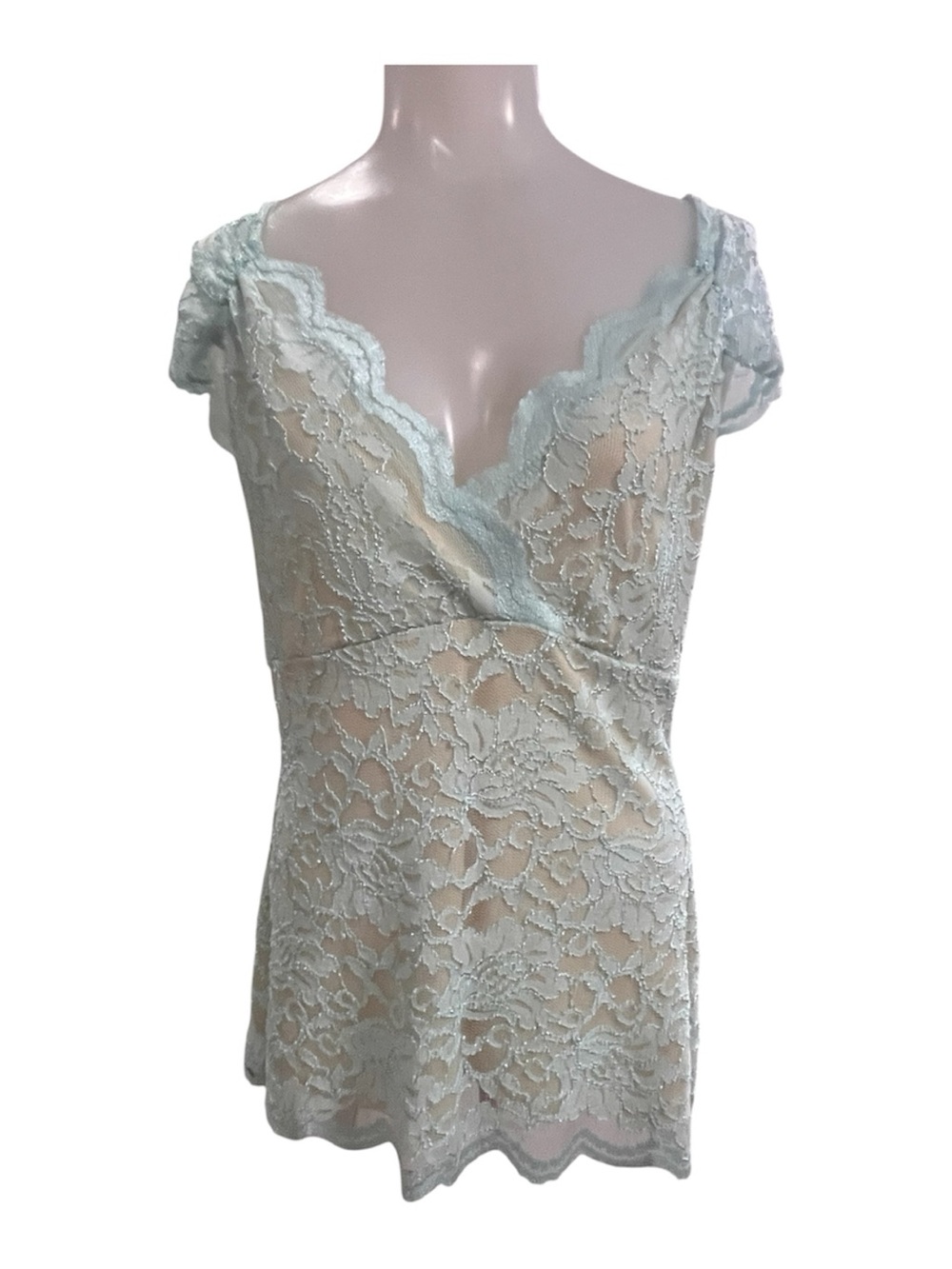 Boston Proper Minty Green Lace Overlay Cap Sleeve V-neck Top size L - Picture 2 of 6